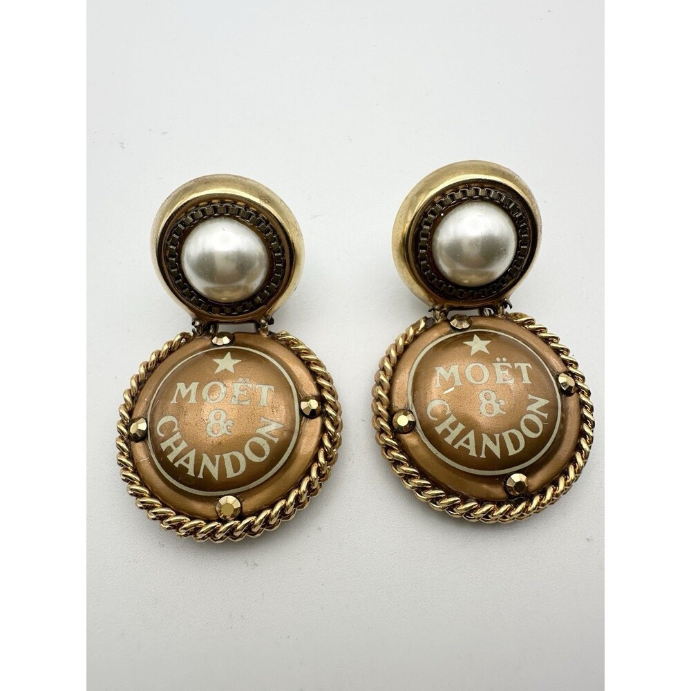 Vintage Moet & Chandon Champagne Bottle Top Clip On Earrings Signed